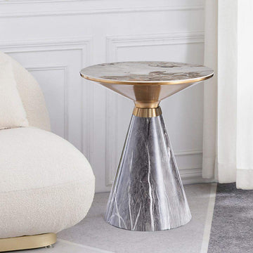 Gray & Gold Hourglass-Shape End Table with Stone Top & Stainless Steel Base-Richsoul-End & Side Tables,Furniture,Living Room Furniture